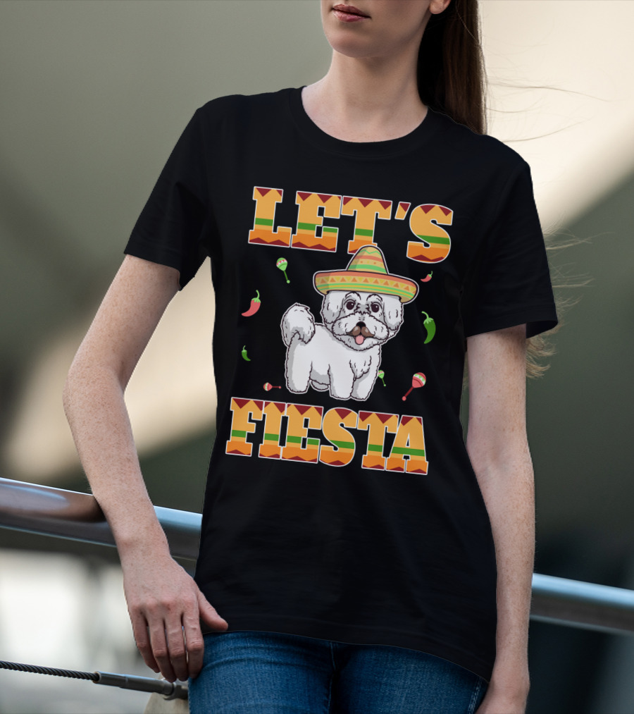 Let's Fiesta Bichon Frise Dog Cinco De Mayo Sombrero Peppers Maracas T-Shirt