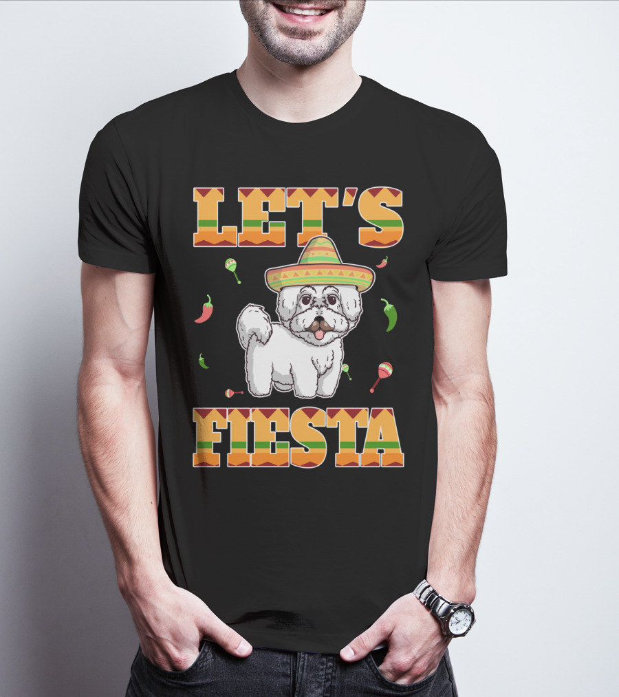 Let's Fiesta Bichon Frise Dog Cinco De Mayo Sombrero Peppers Maracas T-Shirt
