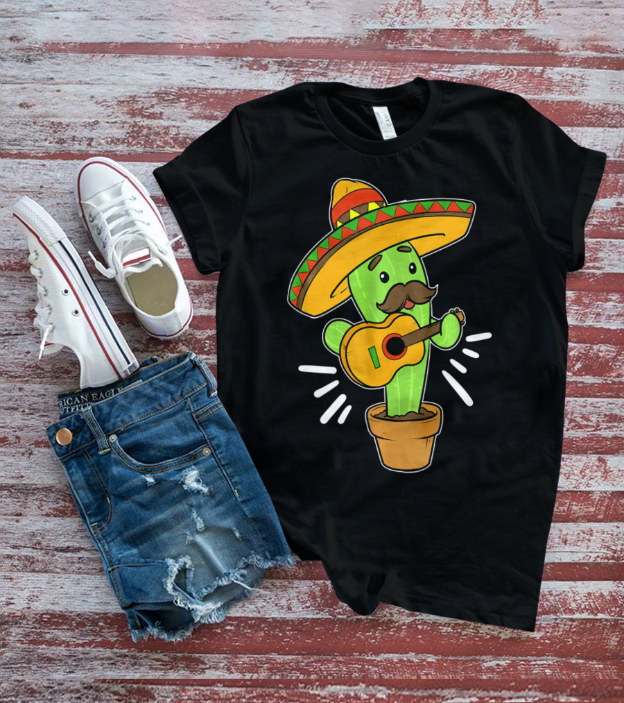 Cinco De Mayo Cactus Playing Guitar With Sombrero T-Shirt