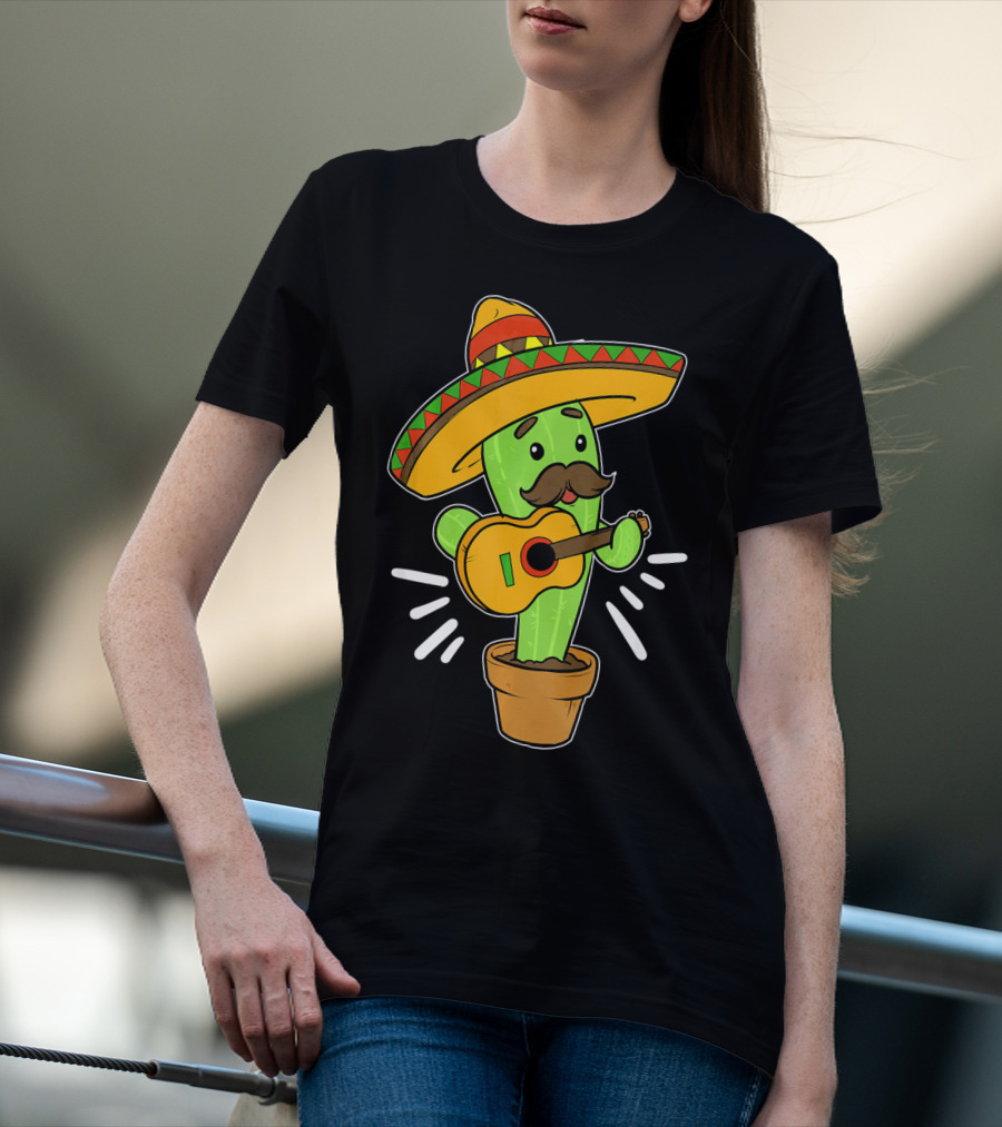 Cinco De Mayo Cactus Playing Guitar With Sombrero T-Shirt