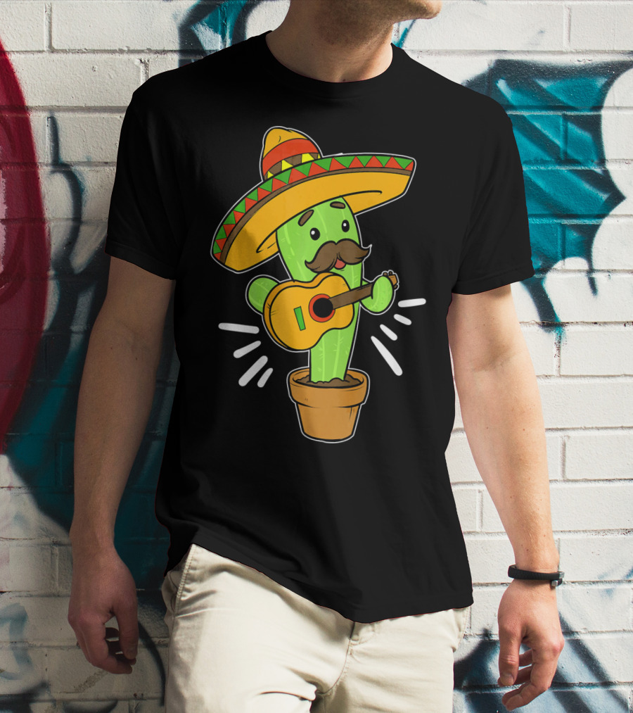 Cinco De Mayo Cactus Playing Guitar With Sombrero T-Shirt