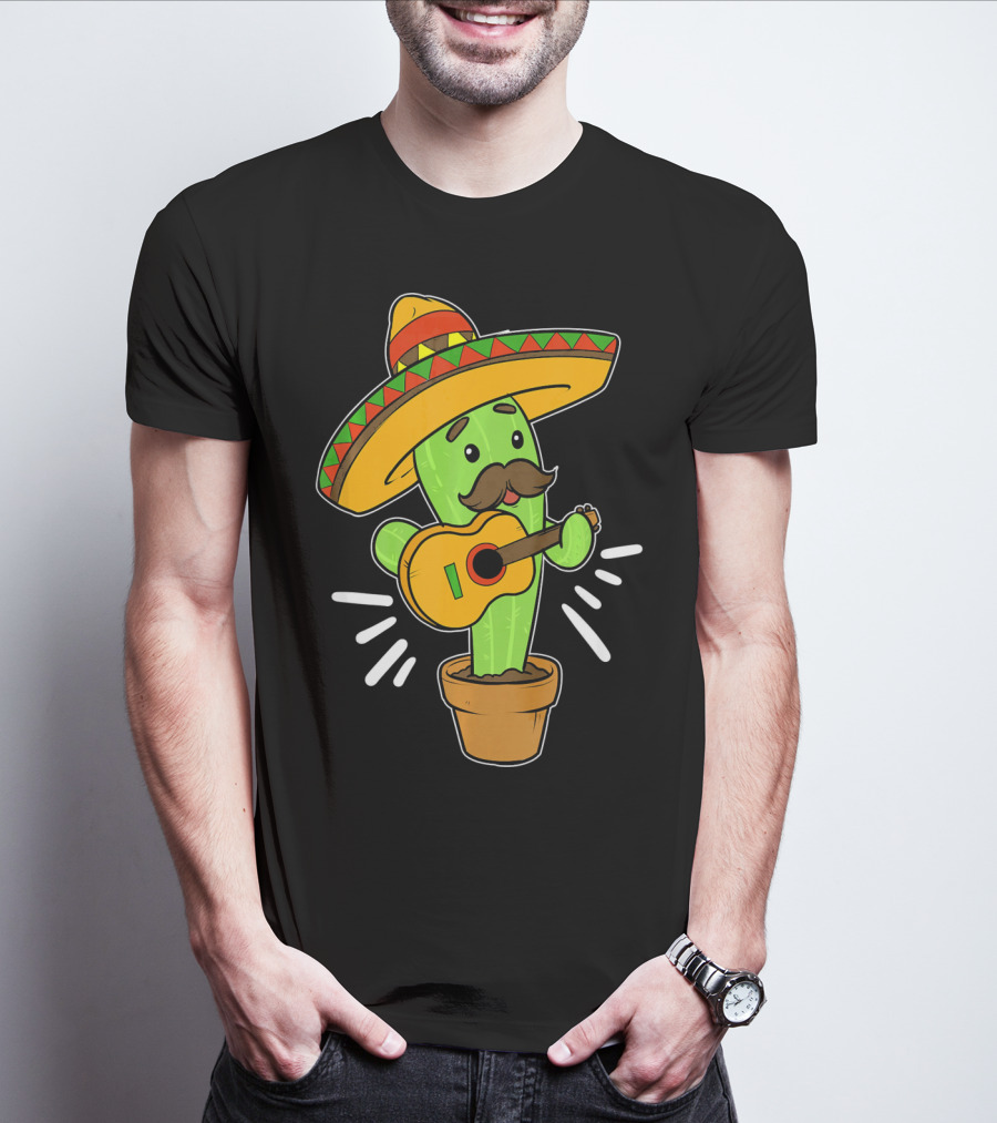 Cinco De Mayo Cactus Playing Guitar With Sombrero T-Shirt