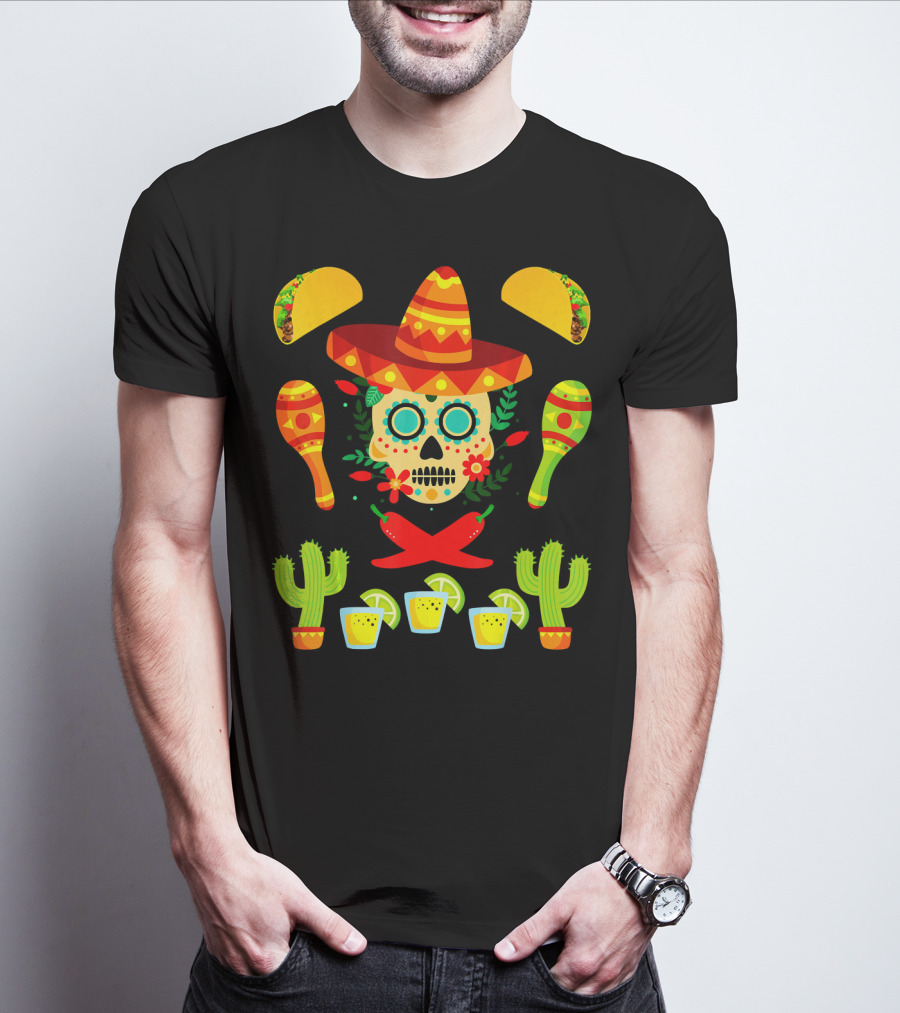 Fiesta Cinco De Mayo Sombrero Cactus Maracas Tacos Skull Peppers Shots Lime T-Shirt