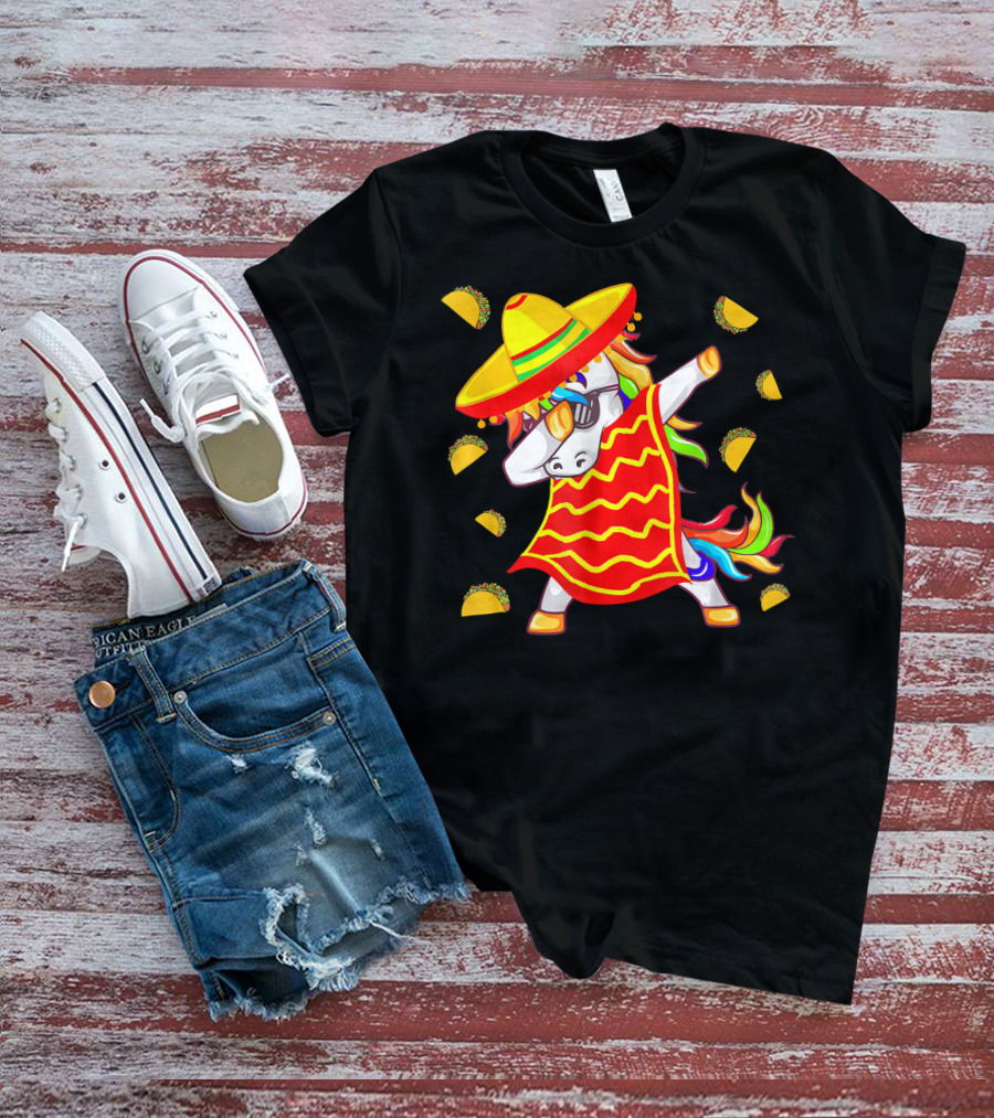 Unicorn Dabbing In Mexican Poncho With Sombrero Surrounded By Tacos T-Shirt