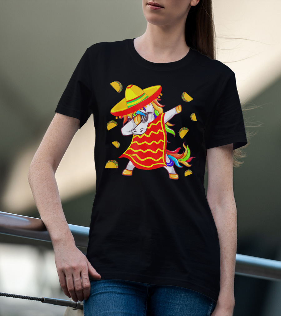 Unicorn Dabbing In Mexican Poncho With Sombrero Surrounded By Tacos T-Shirt