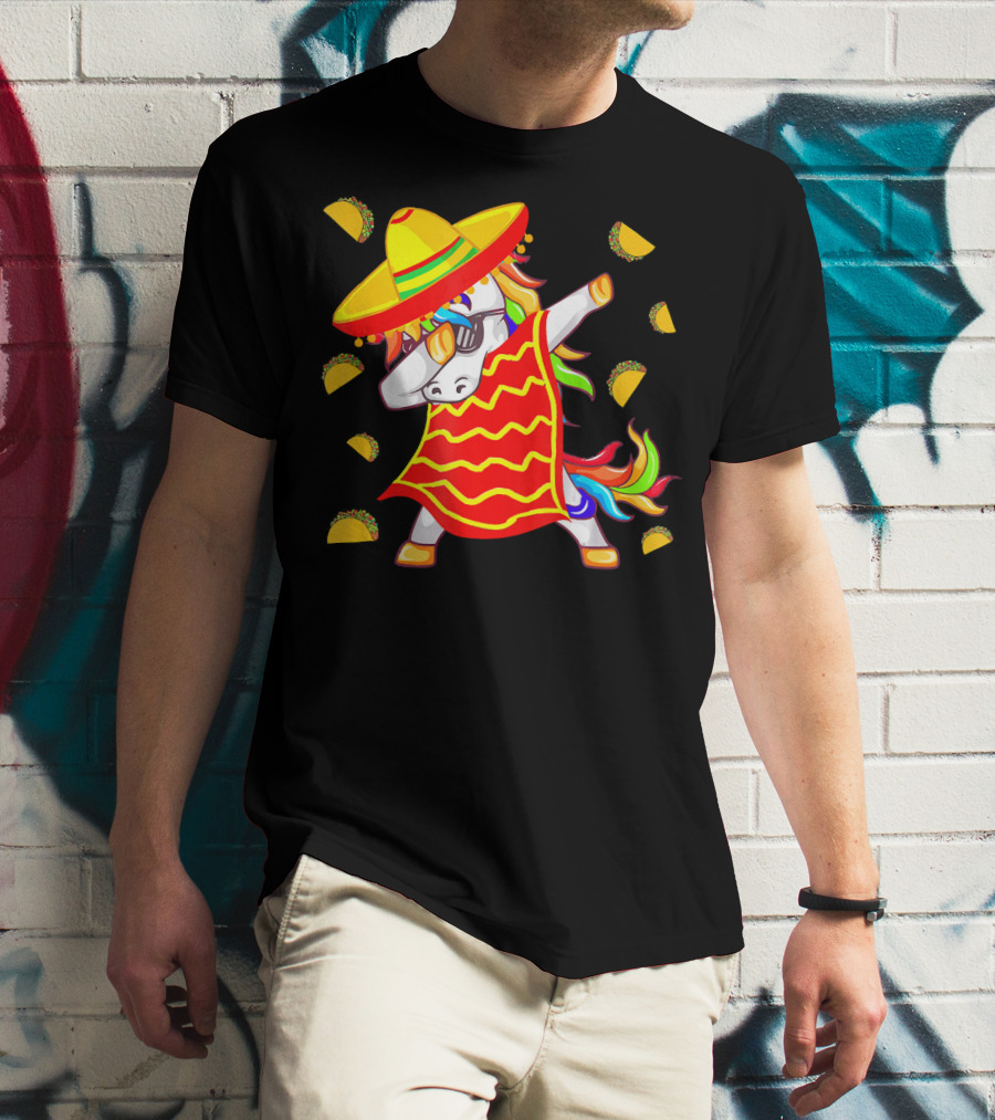 Unicorn Dabbing In Mexican Poncho With Sombrero Surrounded By Tacos T-Shirt