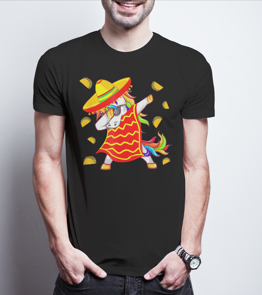 Unicorn Dabbing In Mexican Poncho With Sombrero Surrounded By Tacos T-Shirt