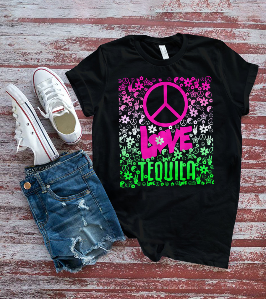 Peace Love Tequila Hippie Style Cinco De Mayo Festive Symbols Icons T-Shirt