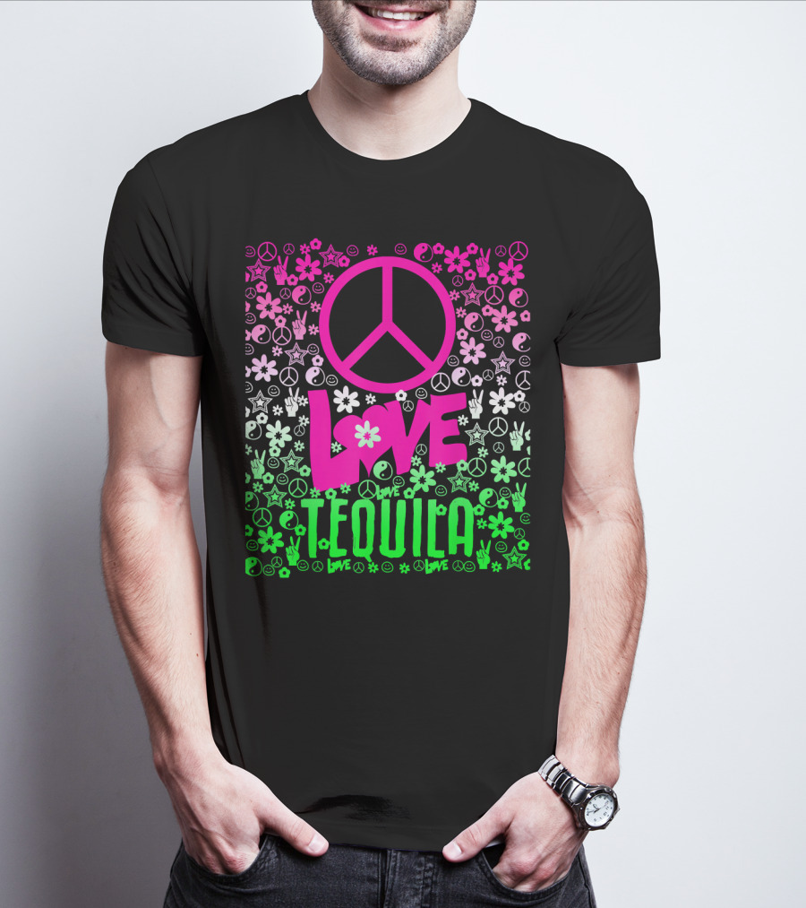 Peace Love Tequila Hippie Style Cinco De Mayo Festive Symbols Icons T-Shirt