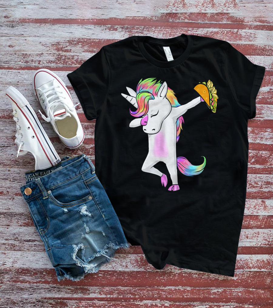 Unicorn Dabbing With Rainbow Mane Holding Tacos T-Shirt