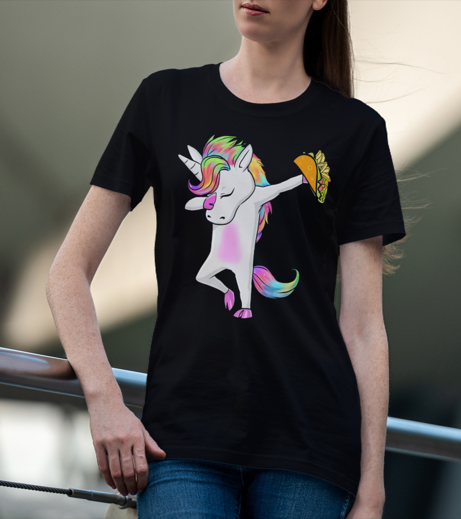 Unicorn Dabbing With Rainbow Mane Holding Tacos T-Shirt