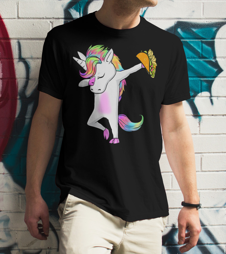 Unicorn Dabbing With Rainbow Mane Holding Tacos T-Shirt