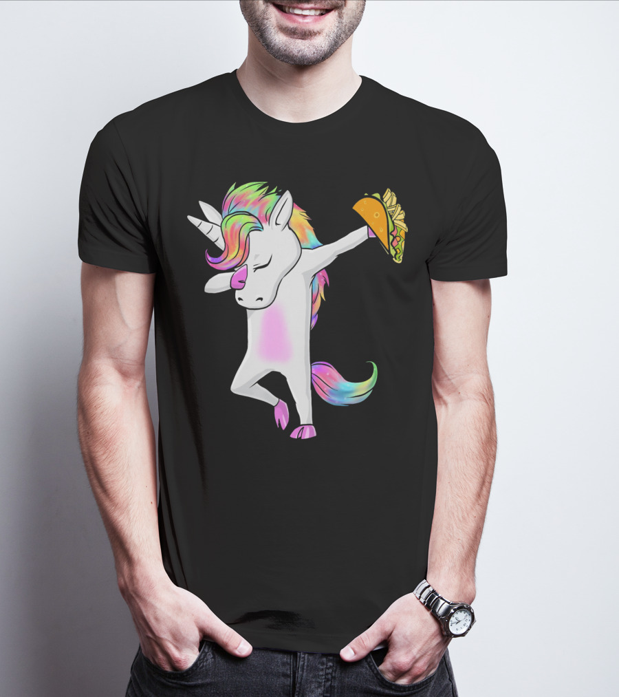 Unicorn Dabbing With Rainbow Mane Holding Tacos T-Shirt