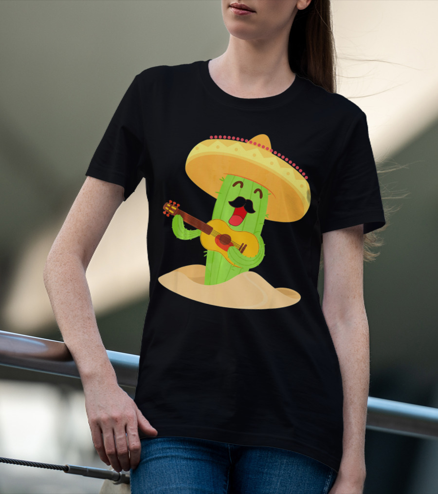 Happy Cinco De Mayo Cactus Guitarist With Sombrero T-Shirt