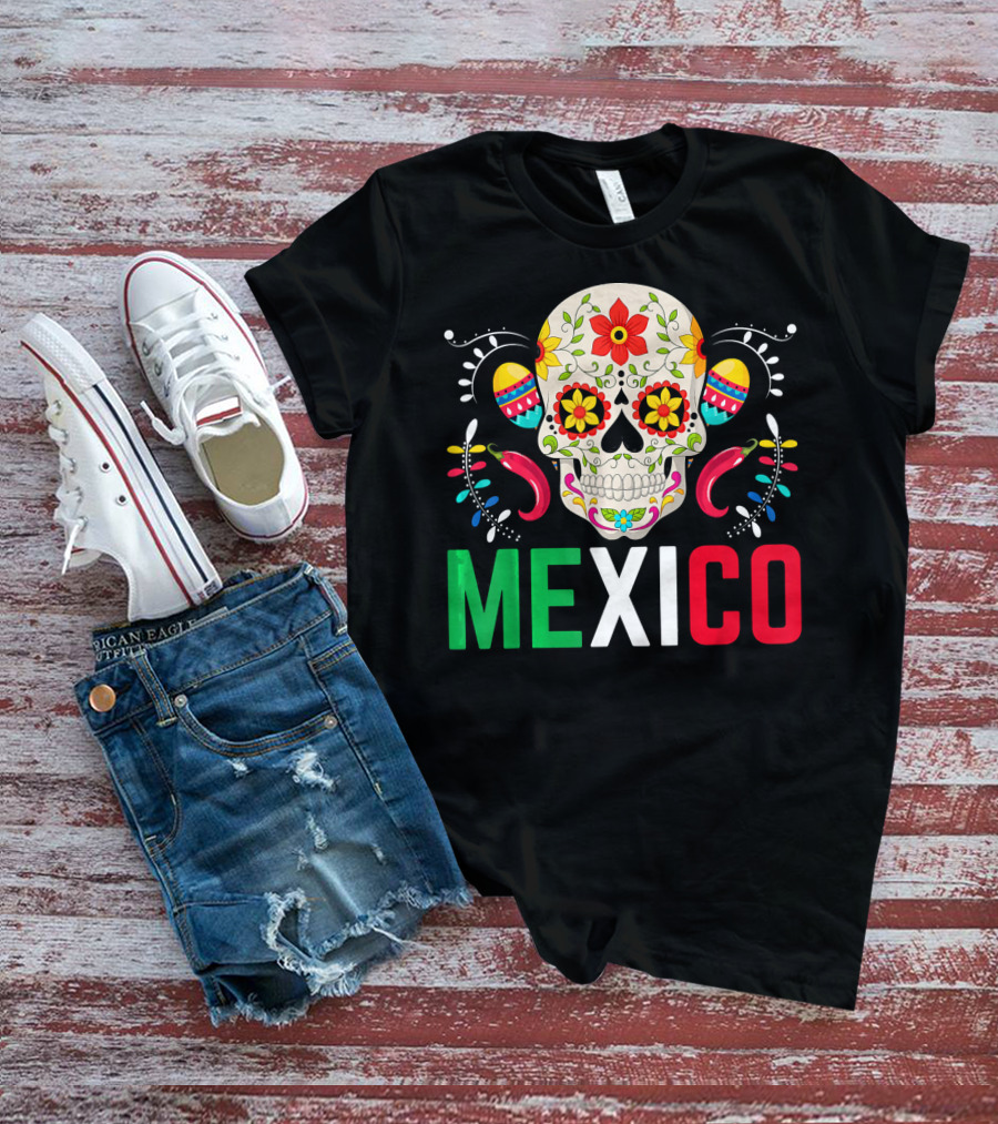Colorful Cinco De Mayo Mexico Sugar Skull Design With Decorative Elements T-Shirt