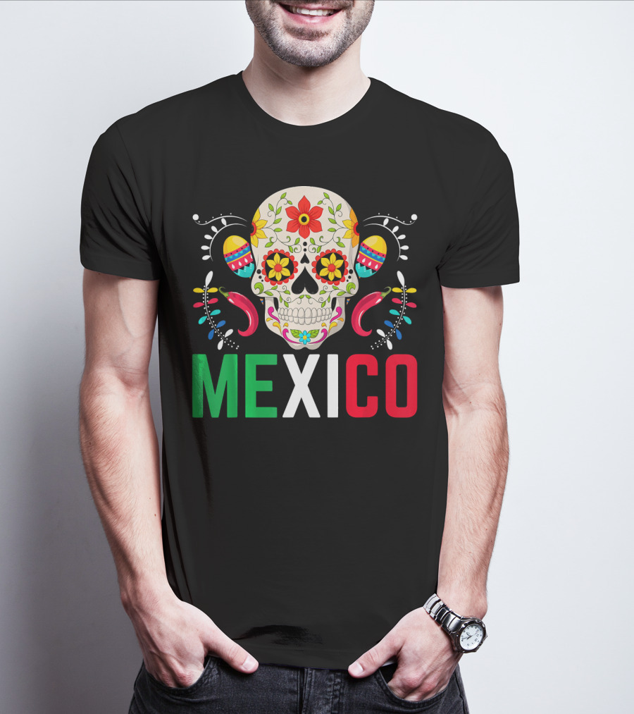 Colorful Cinco De Mayo Mexico Sugar Skull Design With Decorative Elements T-Shirt