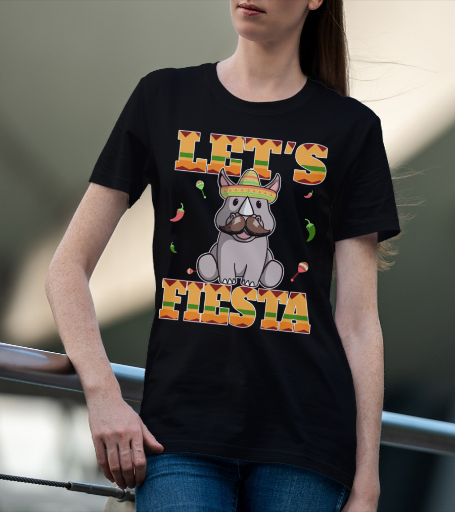 Let's Fiesta Rhinoceros Cinco De Mayo Mex Sombrero Peppers Maracas T-Shirt