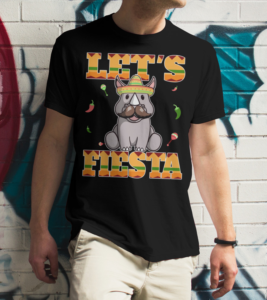 Let's Fiesta Rhinoceros Cinco De Mayo Mex Sombrero Peppers Maracas T-Shirt