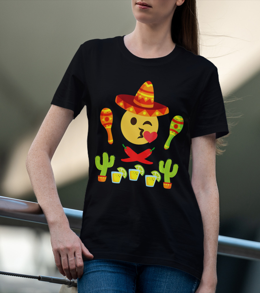 Kiss Emoji Cinco De Mayo Sombrero Maracas Cactus Peppers Margaritas T-Shirt