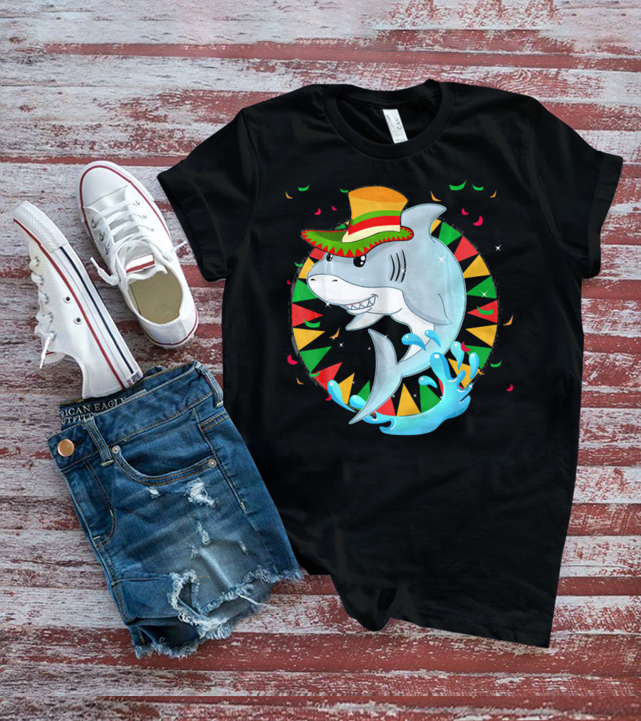 Cute Shark Cinco De Mayo 5th Of May Celebration Hat Sombrero Colorful Fiesta T-Shirt