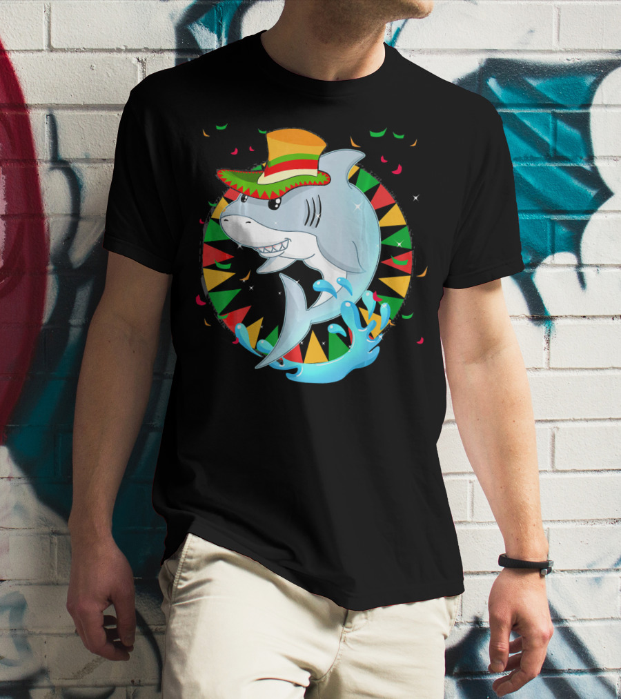 Cute Shark Cinco De Mayo 5th Of May Celebration Hat Sombrero Colorful Fiesta T-Shirt