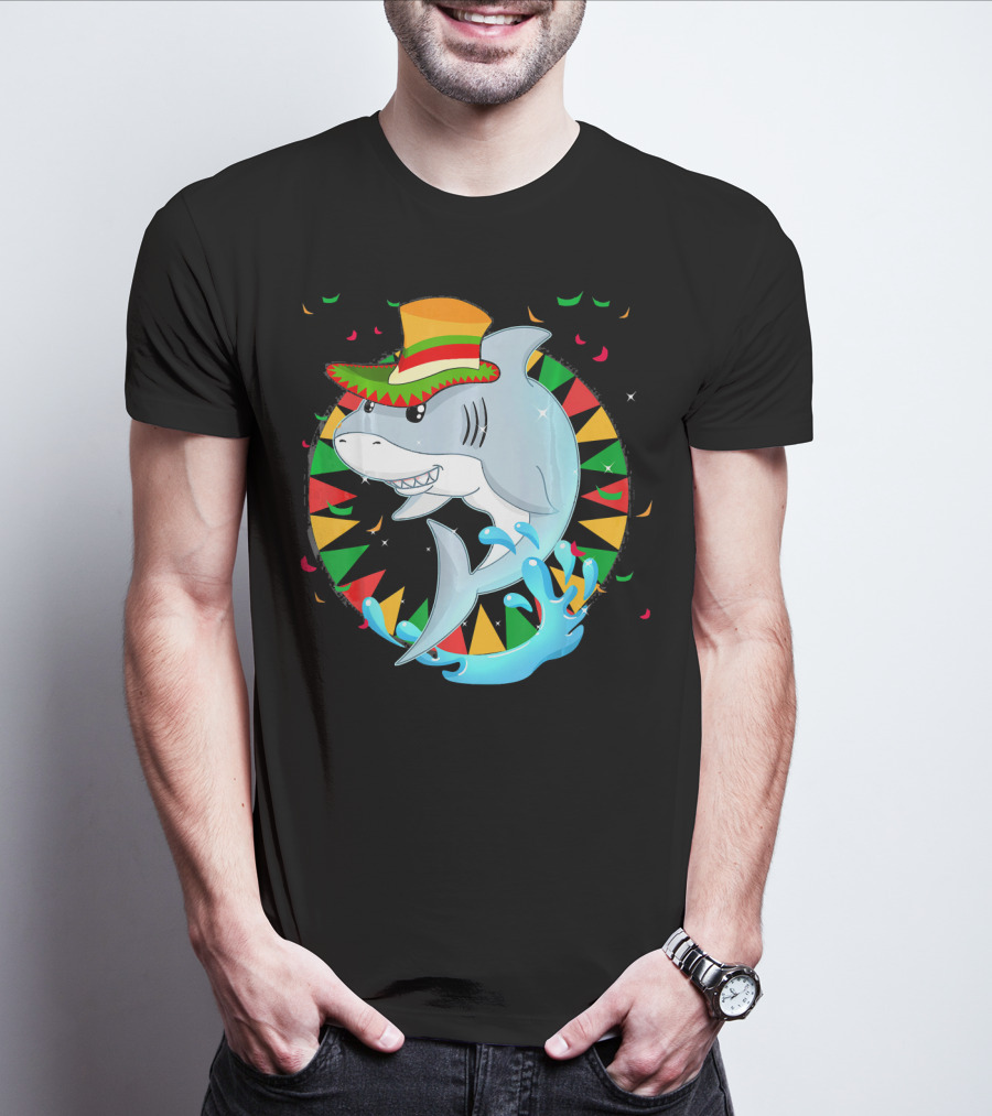 Cute Shark Cinco De Mayo 5th Of May Celebration Hat Sombrero Colorful Fiesta T-Shirt