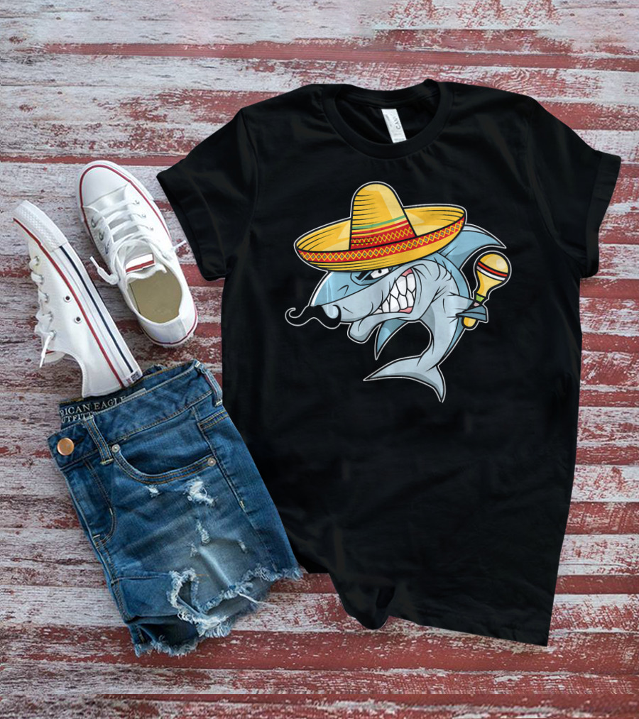 Cinco De Mayo Shark Wearing Sombrero With Maraca Mexican Fiesta T-Shirt