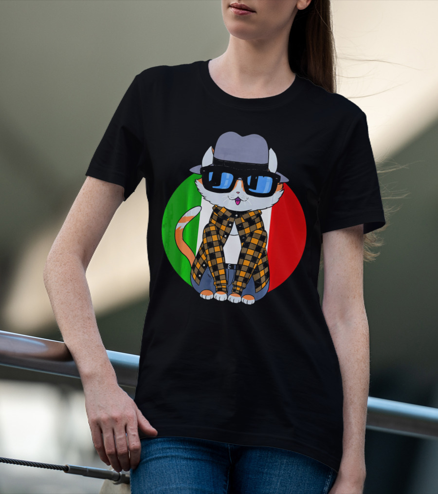 Cinco De Mayo Mexican Kitty Cat With Sunglasses And Plaid Shirt In Front Of Tricolor Circle T-Shirt