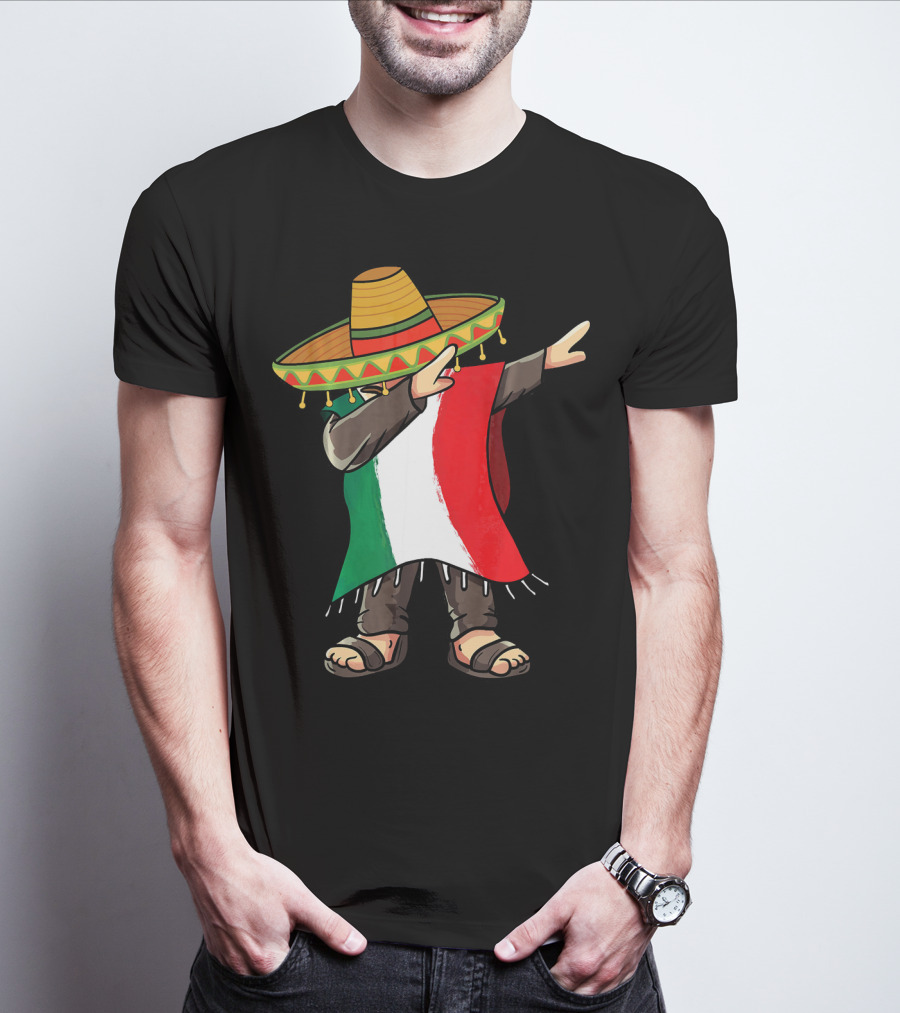 Mexican Flag Poncho Man Dabbing Cinco De Mayo Sombrero T-Shirt