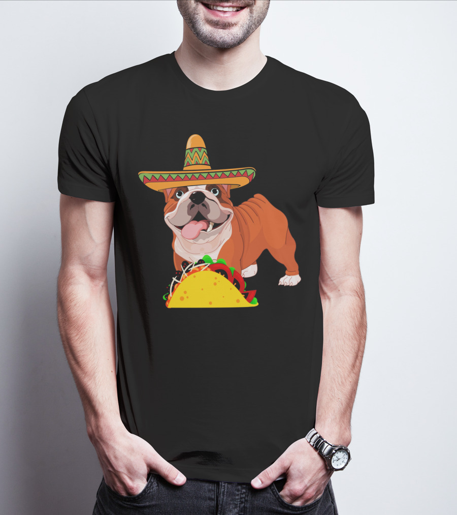 Funny Cinco De Mayo Bulldog Wear Sombrero Taco Fiesta T-Shirt