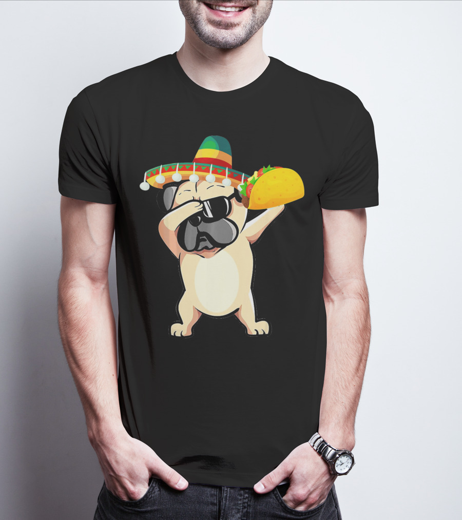 Cinco De Mayo Pug Dog Dabbing With Taco And Sombrero T-Shirt