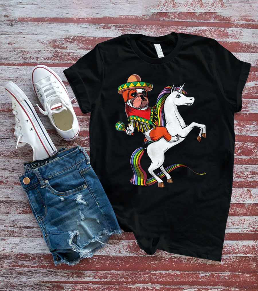English Bulldog Riding Unicorn Cinco De Mayo Fiesta Hat And Maracas T-Shirt