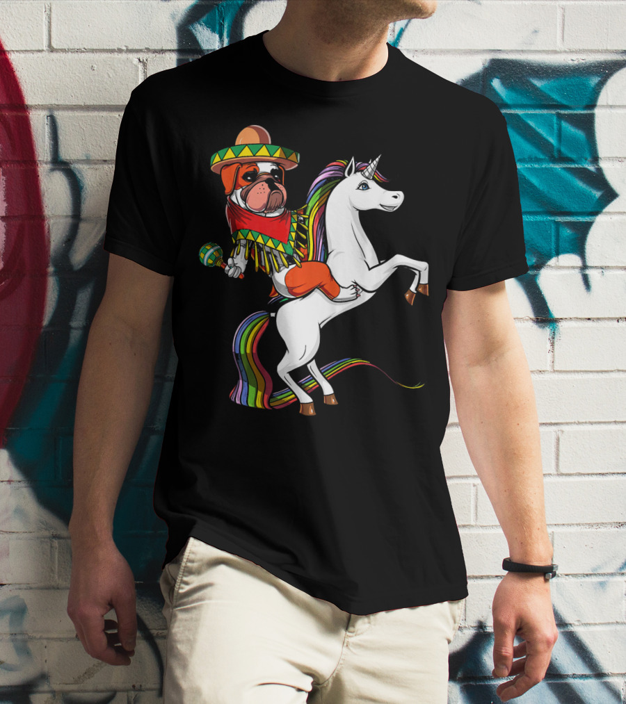 English Bulldog Riding Unicorn Cinco De Mayo Fiesta Hat And Maracas T-Shirt
