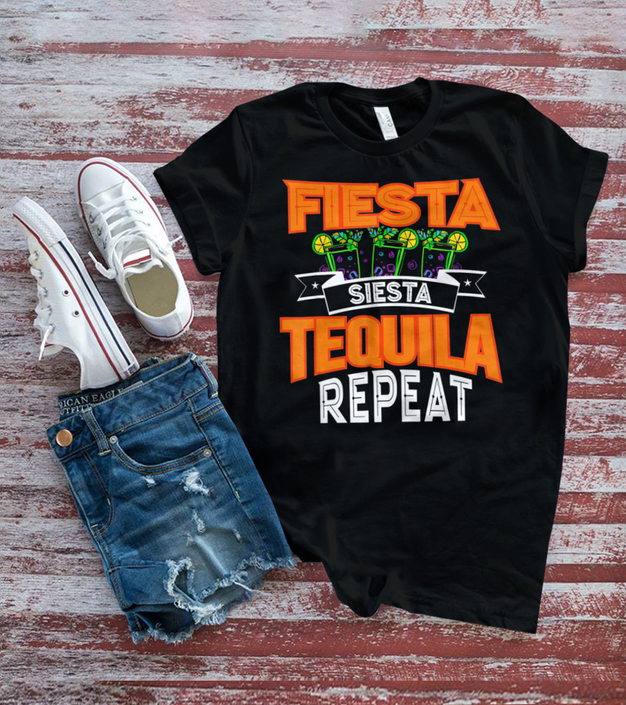 Fiesta Siesta Tequila Repeat Drinker Cin Colorful Margarita Glasses Lime Party T-Shirt