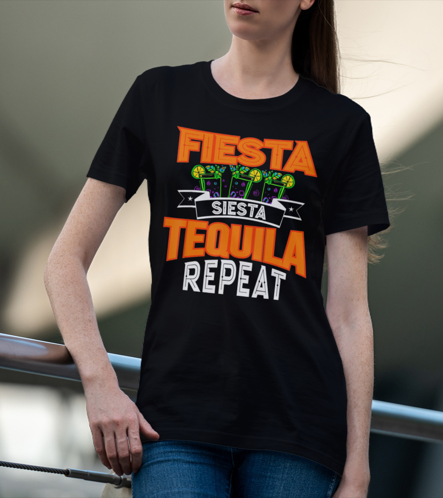 Fiesta Siesta Tequila Repeat Drinker Cin Colorful Margarita Glasses Lime Party T-Shirt