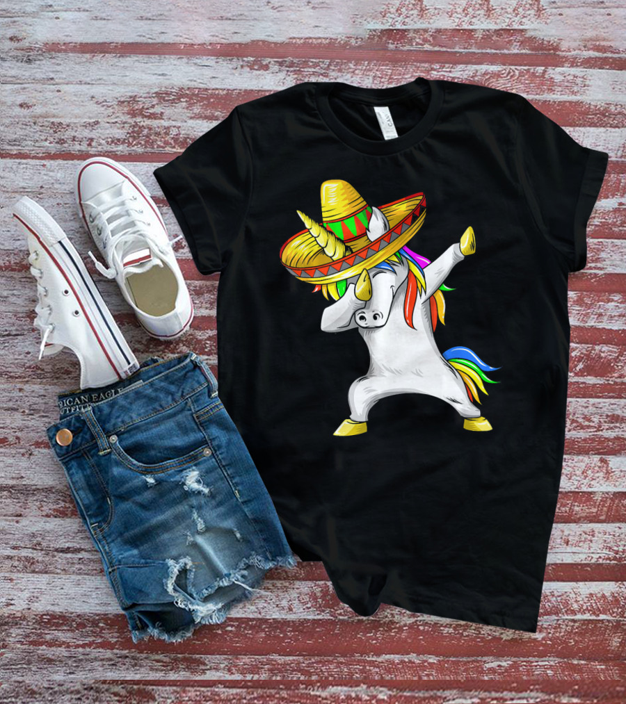 Dabbing Cinco De Mayo Unicorn With Sombrero And Rainbow Mane T-Shirt