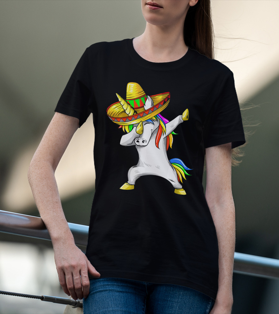 Dabbing Cinco De Mayo Unicorn With Sombrero And Rainbow Mane T-Shirt