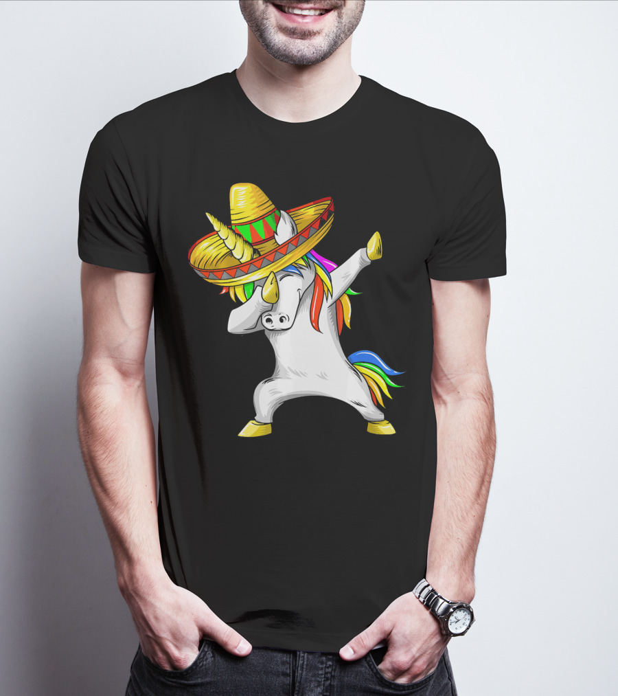 Dabbing Cinco De Mayo Unicorn With Sombrero And Rainbow Mane T-Shirt