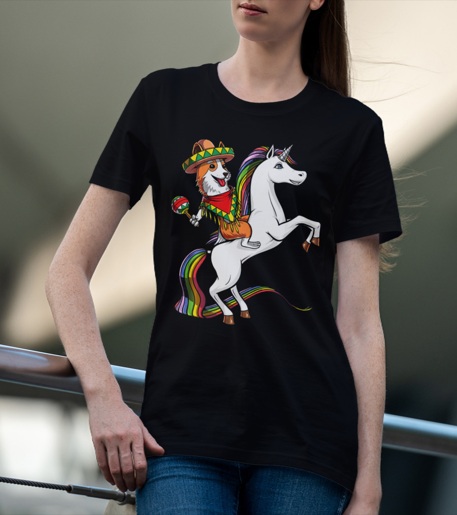 Corgi Riding Unicorn In Sombrero With Maracas Cinco De Mayo Mexic Fiesta T-Shirt