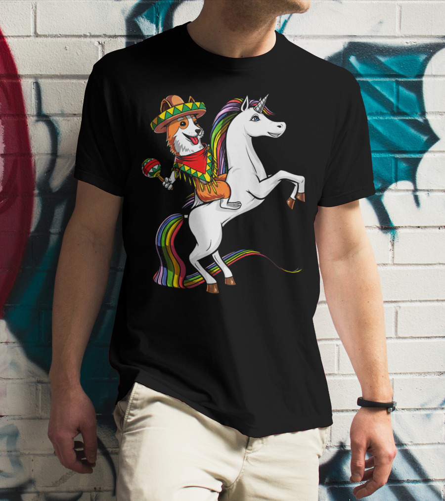 Corgi Riding Unicorn In Sombrero With Maracas Cinco De Mayo Mexic Fiesta T-Shirt