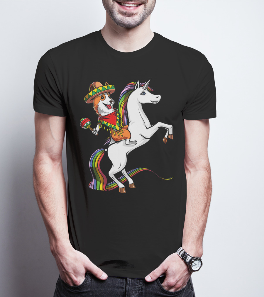 Corgi Riding Unicorn In Sombrero With Maracas Cinco De Mayo Mexic Fiesta T-Shirt