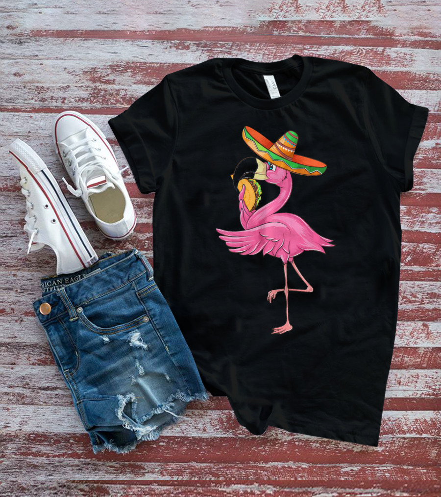 Cute Flamingo With Taco And Sombrero For Cinco De Mayo T-Shirt