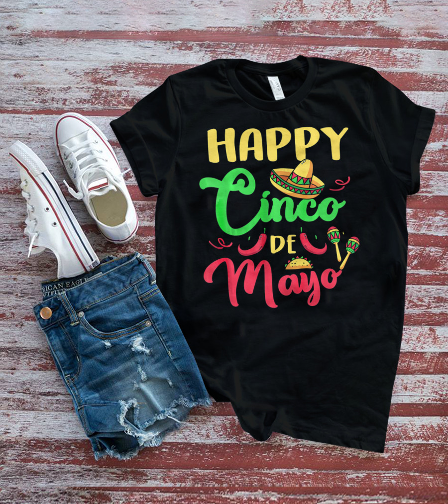Happy Cinco De Mayo Sombrero Taco Maracas Peppers T-Shirt