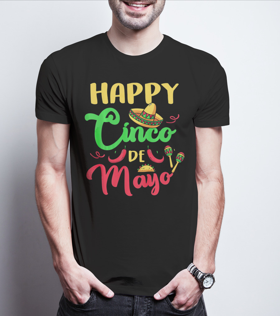 Happy Cinco De Mayo Sombrero Taco Maracas Peppers T-Shirt