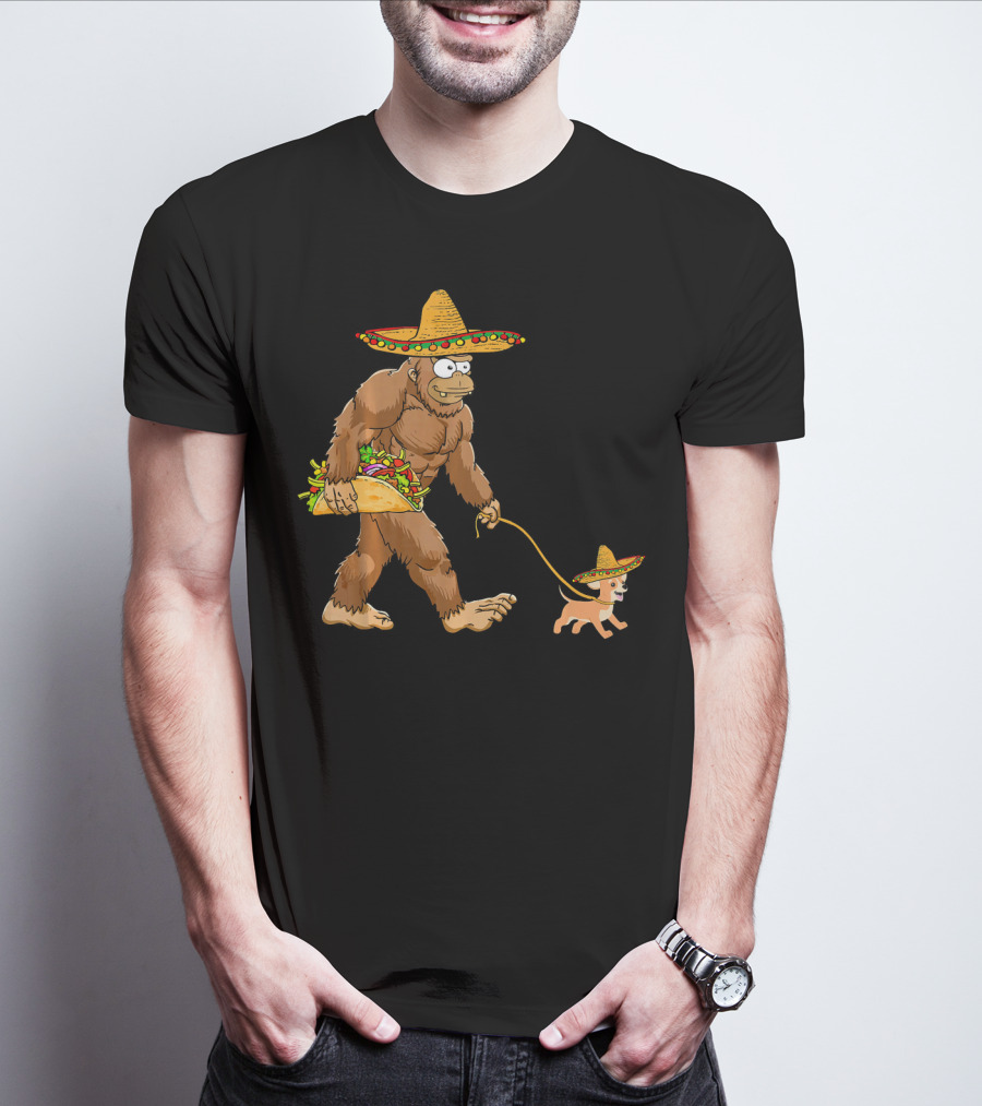 Bigfoot Taco Sombrero Chihuahua Dog Walking Cinco De Mayo T-Shirt