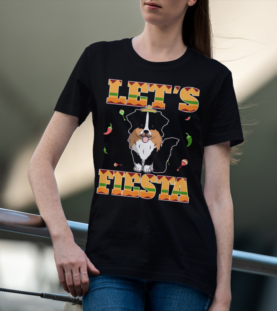Let's Fiesta Australian Shepherd Dog Sombrero Maracas Peppers T-Shirt