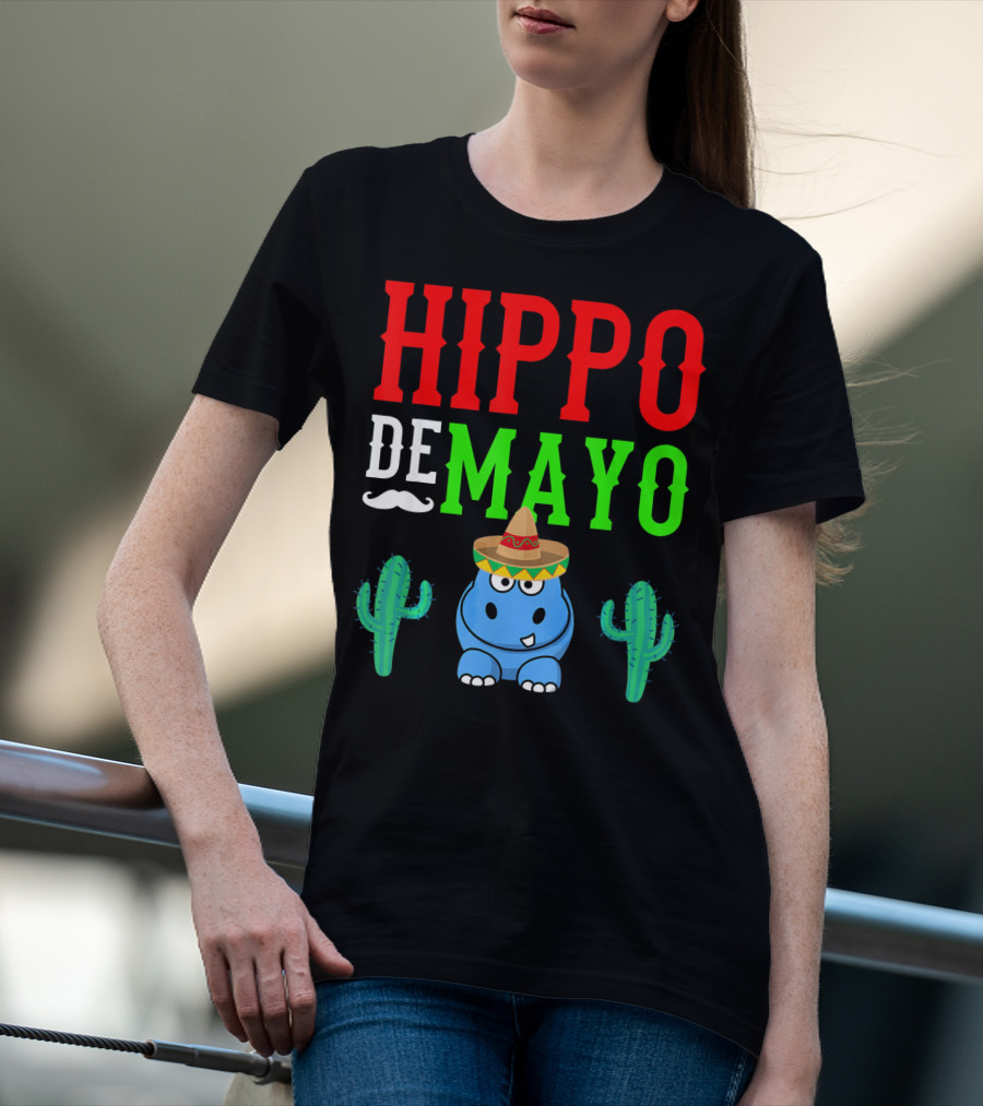 Hippo De Mayo Funny Mexico Fiesta With Sombrero Cactus T-Shirt