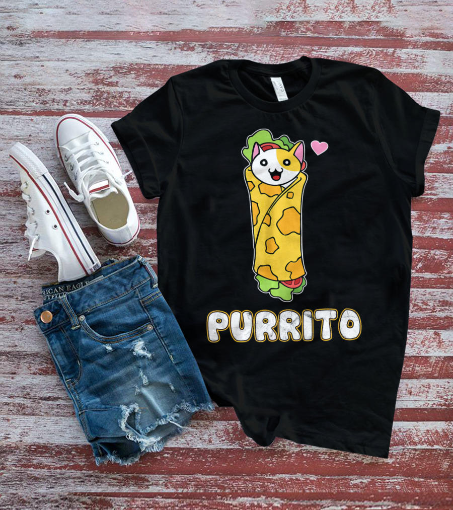 Purrito Kitten Wrapped In Burrito With Heart And Taco Cat Expression T-Shirt