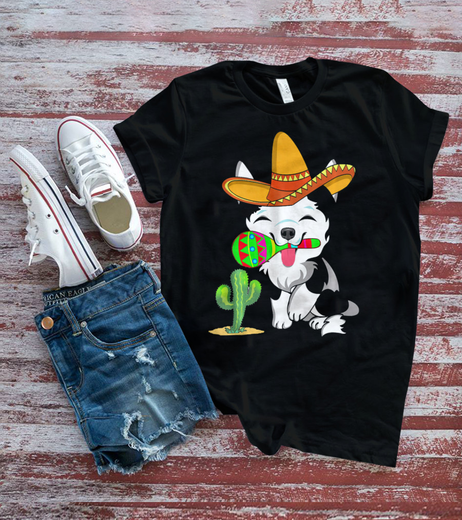 Cute Husky Dog With Sombrero And Maracas Cinco De Mayo 5th Of May T-Shirt