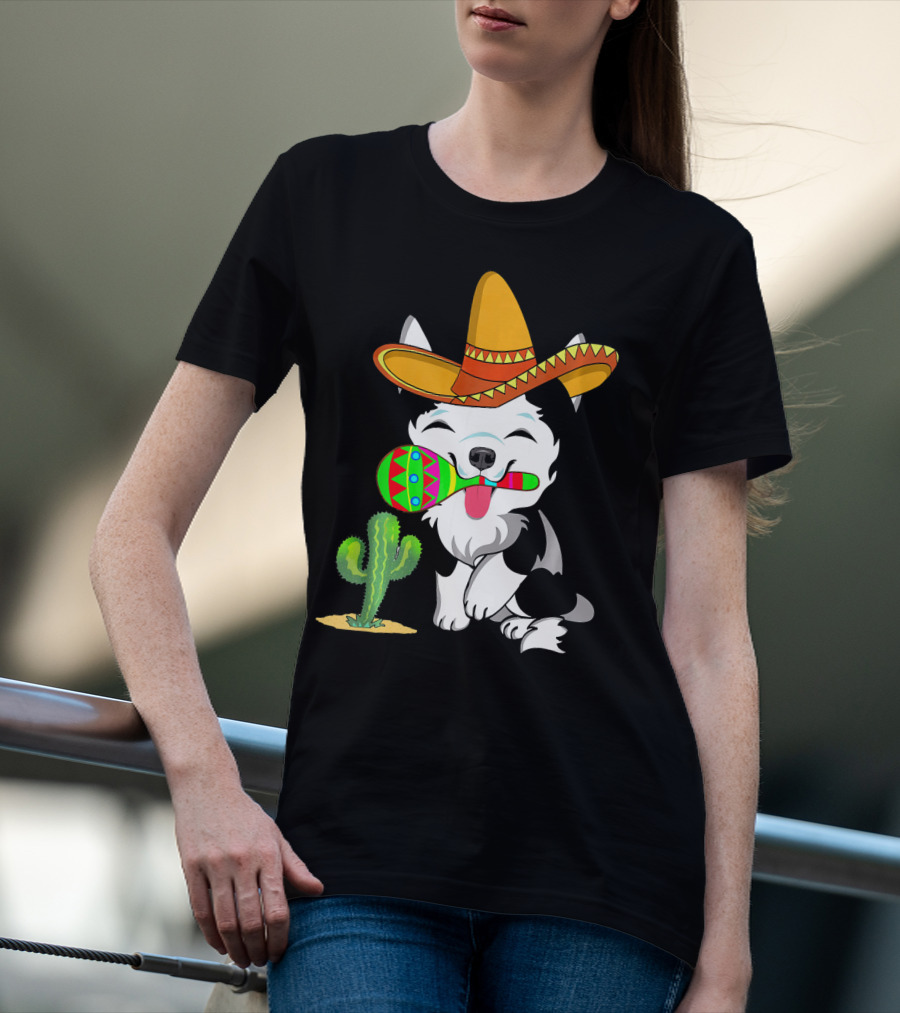 Cute Husky Dog With Sombrero And Maracas Cinco De Mayo 5th Of May T-Shirt